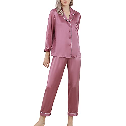 Valin Damen Violett Einfach 100% Seide Pyjama-Set Oberteil und Capri-Hose Schlafanzug Langarm 19 Momme Seidenpyjama,L,T8002 von Valin