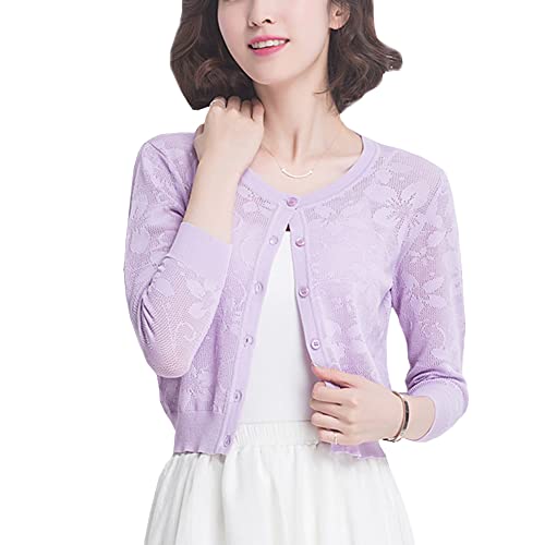 Valin Damen Violett Langarm Strickjacke Leichter Knöpfen Strickjacke Atmungsaktiv Rundhalsausschnitt Kurz Strickjacke Top Bluse,34,C2068 von Valin