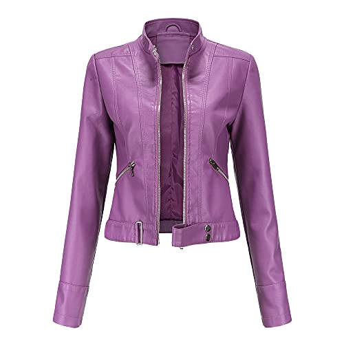 Valin Damen Violett Lederjacke Schlank Kurz Kunstleder Stehkragen Jacket Reißverschluss Motorrad Jacke für Frühling und Herbst,S,C02N von Valin