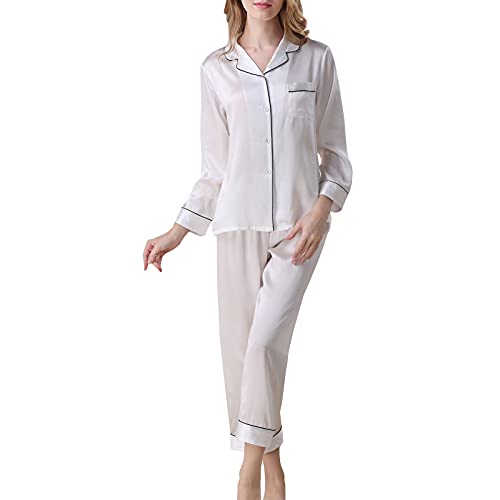 Valin Damen Weiß Einfach 100% Seide Pyjama-Set Oberteil und Capri-Hose Schlafanzug Langarm 19 Momme Seidenpyjama,L,T8002 von Valin