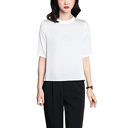 Valin Damen Weiß Hemdbluse Seide Solide Jumper Hemden Damenbluse Kurzarm Stehkragen Seidenbluse,L,S3356 von Valin