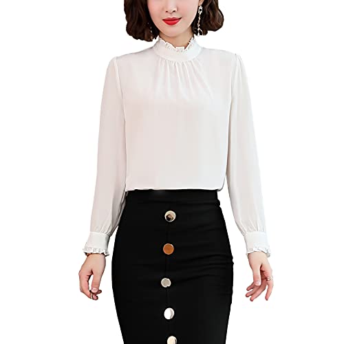 Valin Damen Weiß Hemdbluse Seide Solide Jumper Hemden Damenbluse Langarm Stehkragen Seidenbluse,XXL,S1906 von Valin