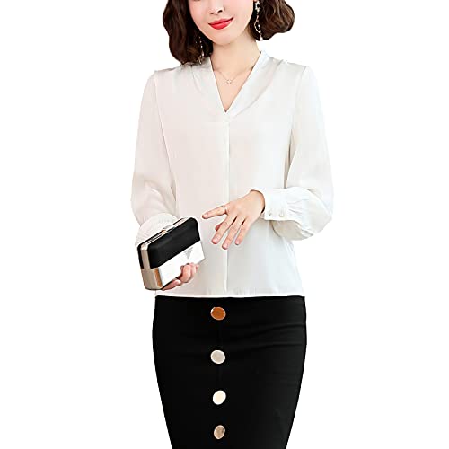 Valin Damen Weiß Hemdbluse Seide Solide Jumper Hemden Damenbluse Langarm V-Ausschnitt Seidenbluse,L,S1901 von Valin