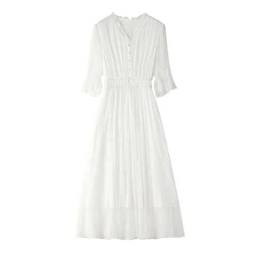 Valin Damen Weiß Seidenkleid Einfarbiges V-Ausschnitt Kurzarm 100% Seide Kleid Luftiges Elastische Taillen Rüschen Knielanges Mulberry Seidenkleid,EU 40,D2119 von Valin