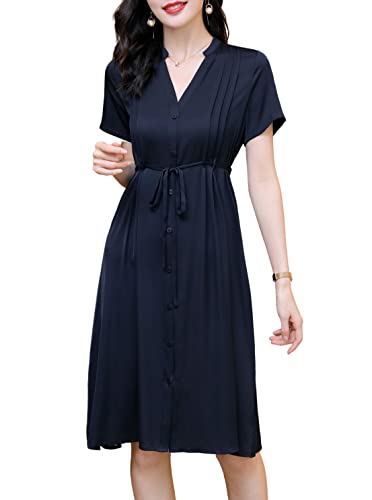 Valin Dunkelblau Seide Damen Kleid Kurzarm Kordelzug Elegant Seidenkleid V-Ausschnitt Au genou Freizeitkleid Einfaches A-Linie Sommerkleid,48,V2393 von Valin