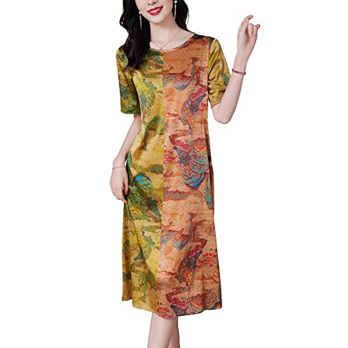 Valin Grün Seide Damen Kleid Kurzarm Bindegürtel Elegant Seidenkleid Rundhals Midi Freizeitkleid Bedrucktes A-Linie Sommerkleid,42,V23031 von Valin