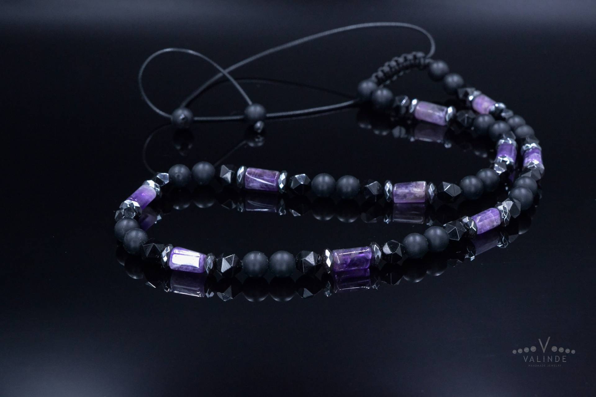 Amethyst Kristall Halskette Für Männer - Herren Schwarze Onyx Kurze Geschenk Verstellbare Perlen Achat Stein von Valinde