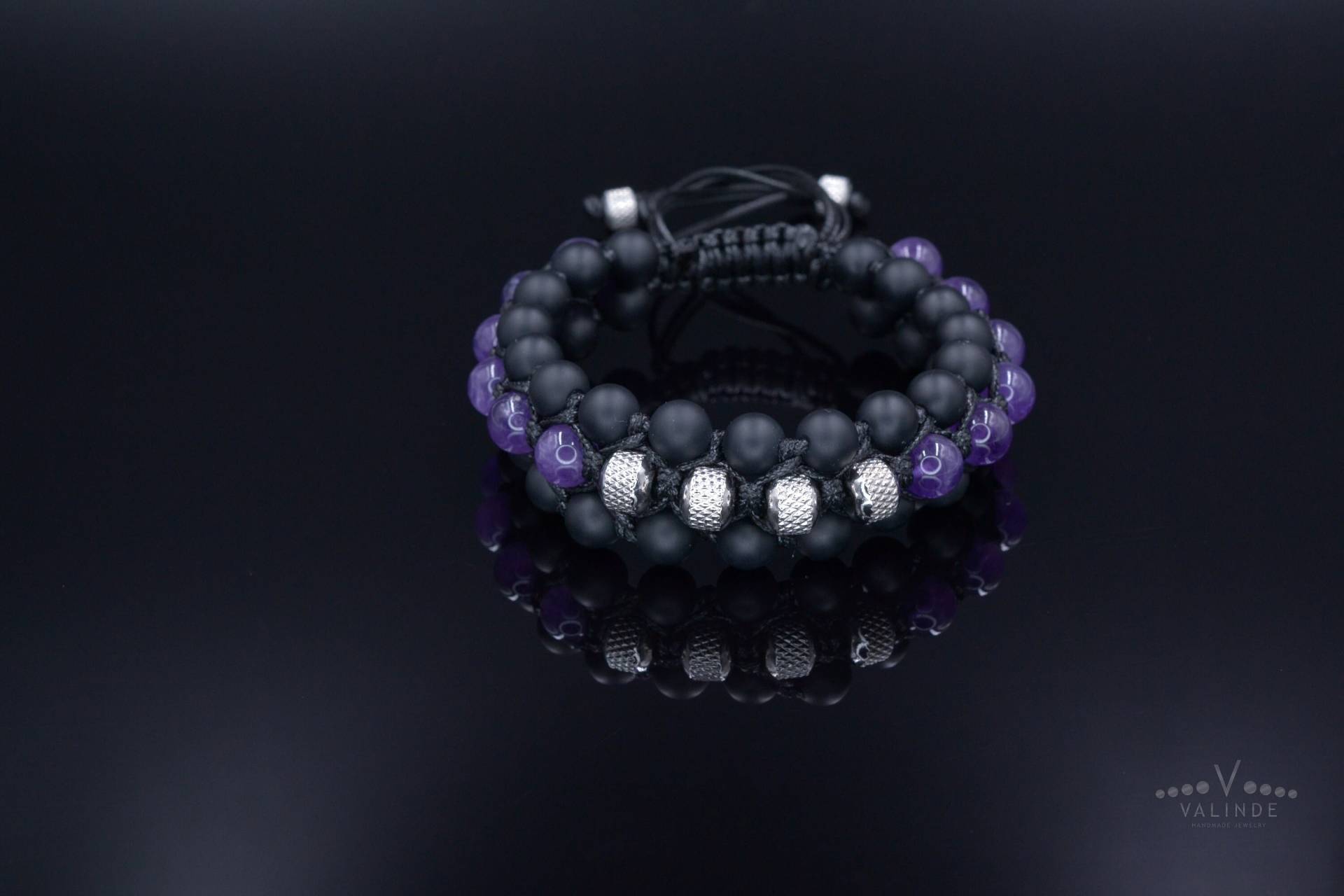 Amethyst Kristall Makramee Armband - Stahlperlen Dreireihiges Geschenk Für Männer Schwarzer Onyx Dreifach Armband von Valinde