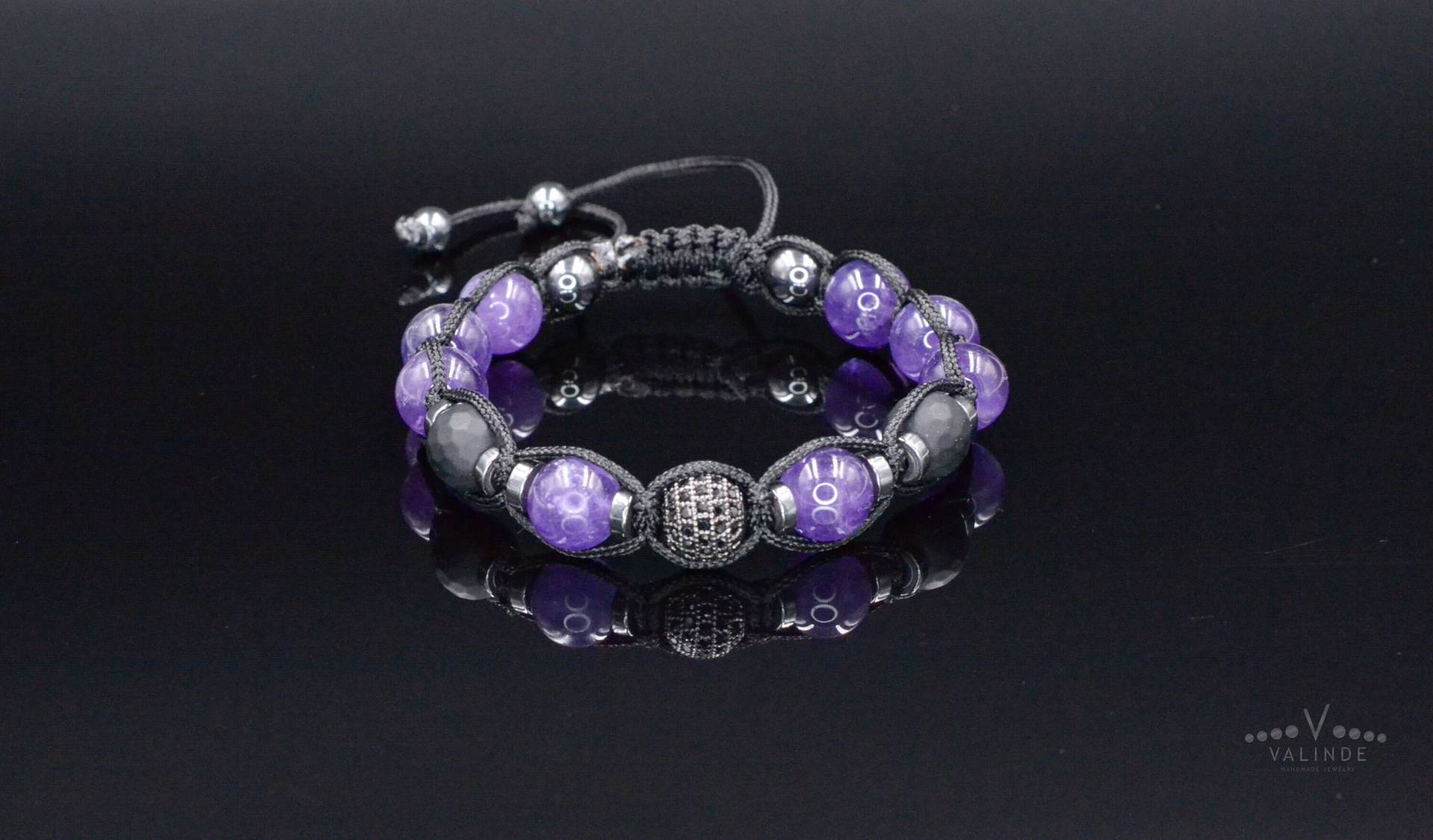 Amethyst Kristall Perlen Armband - Herren Schwarz Onyx Geflochtenes Verstellbares Für Männer Cz Perlenarmband Geschenk von Valinde