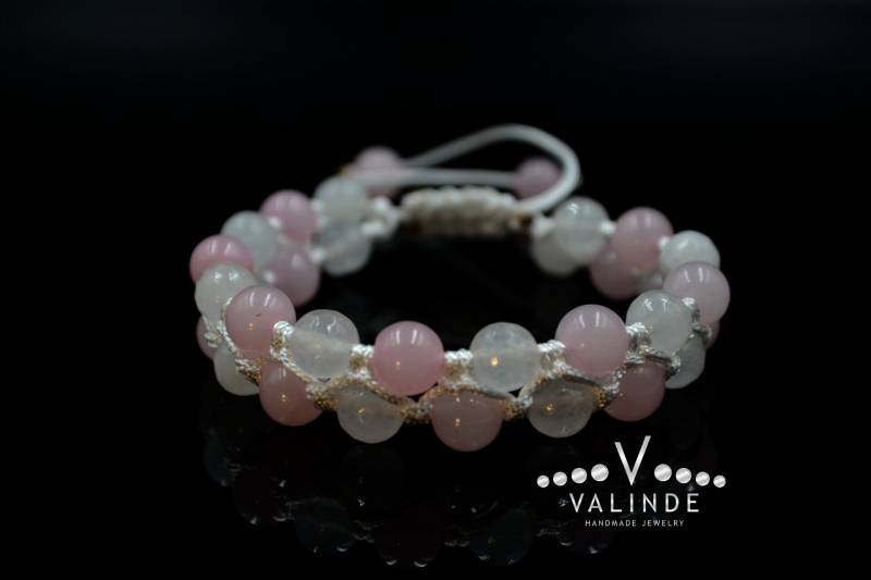 Damen Weiß Nephrit Doppel Armband Rosenquarz Makramee Zweireihig Geschenk Für Frauen Verstellbares Kristall von Valinde