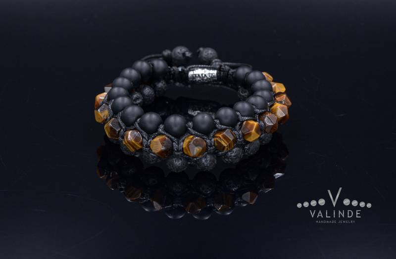 Facettiertes Tigerauge Dreifach Armband Onyx Lavastein 3 Reihige Rohperlen Schwarz Stein Makramee Geschenk Für Männer von Valinde