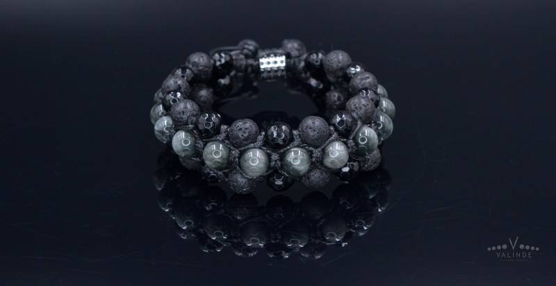 Falkenauge Dreireihig Armband Herren Lavastein Kristall Achat Makramee Verstellbares Geschenk Für Männer von Valinde