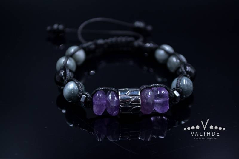 Herren Amethyst Armband Stahl Perlenarmband Falken Auge Edelstein Geschenk Für Männer Stein Einstellbar Makramee Kristallarmband von Valinde