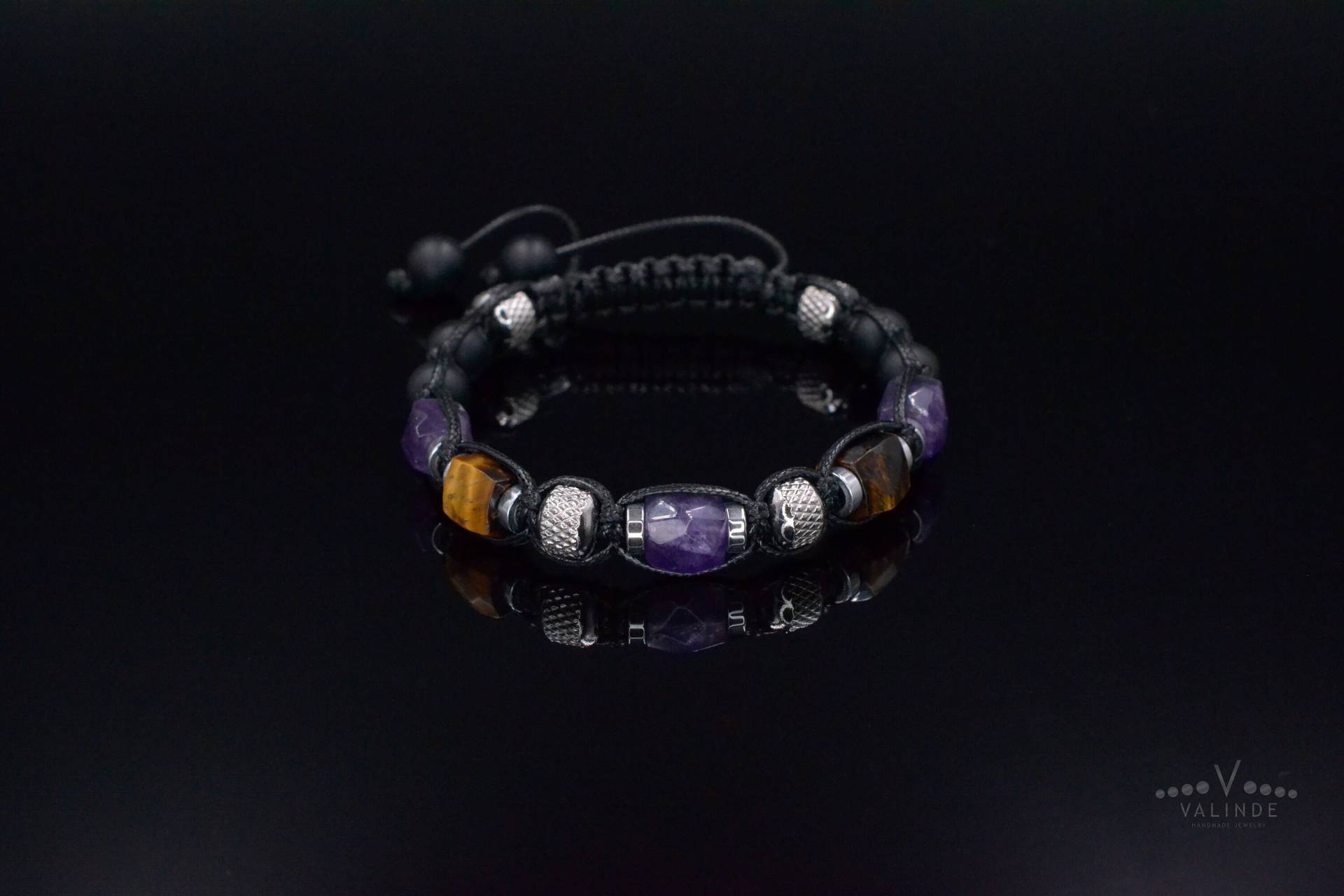 Herren Amethyst Kristall Armband - Stahl Perlen Geschenk Für Männer Tigerauge Onyx Verstellbares Makramee von Valinde