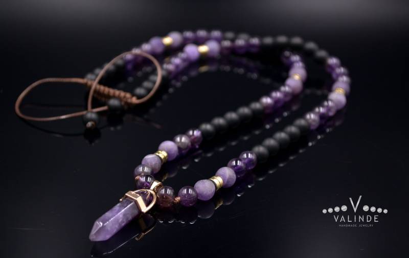 Herren Amethyst Kristall Halskette Lange Perlen Anhänger Geschenk Für Männer Einstellbare Unisex Man Stone von Valinde