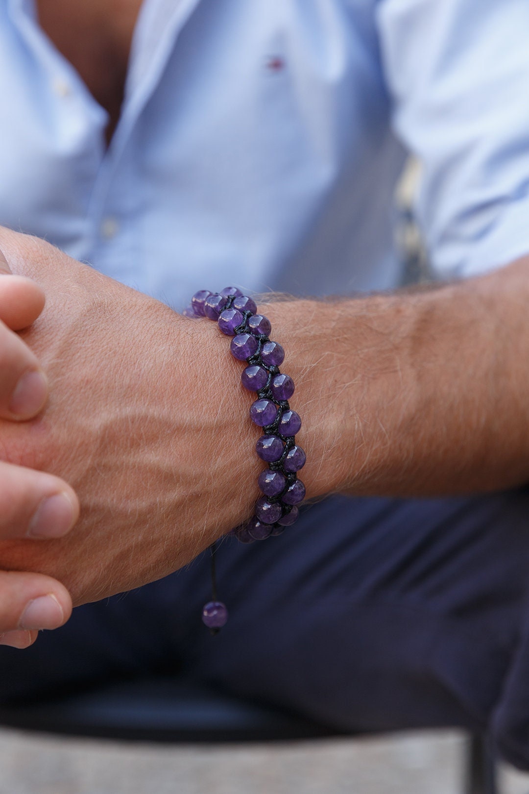 Herren Amethyst Makramee Armband - Kristall Zweireihiges Geschenk Für Männer Verstellbares Doppelarmband Weihnachtsgeschenk Stein von Valinde