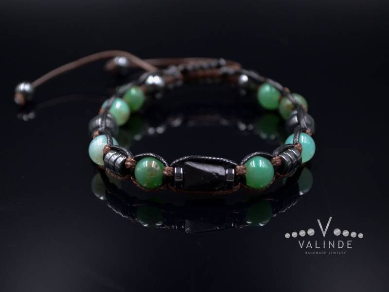 Herren Chrysopras Armband/Schwarzes Turmalit Perlenarmband Verstellbares Edelstein Natürliches Grünes von Valinde