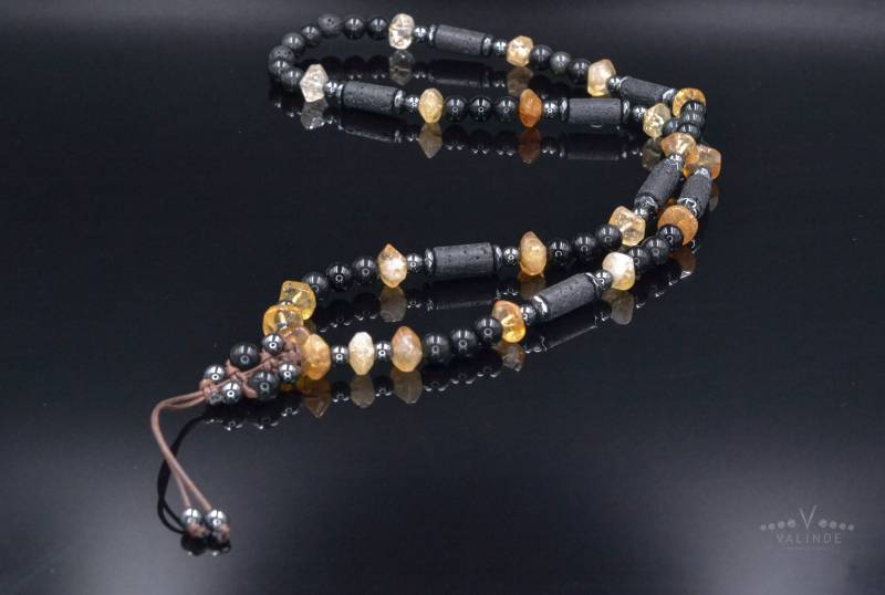 Herren Citrin Halskette Lange Kristall Perlen Lavastein Geschenk Für Männer Schwarzer Achat Und Hämatit Edelstein Mann von Valinde