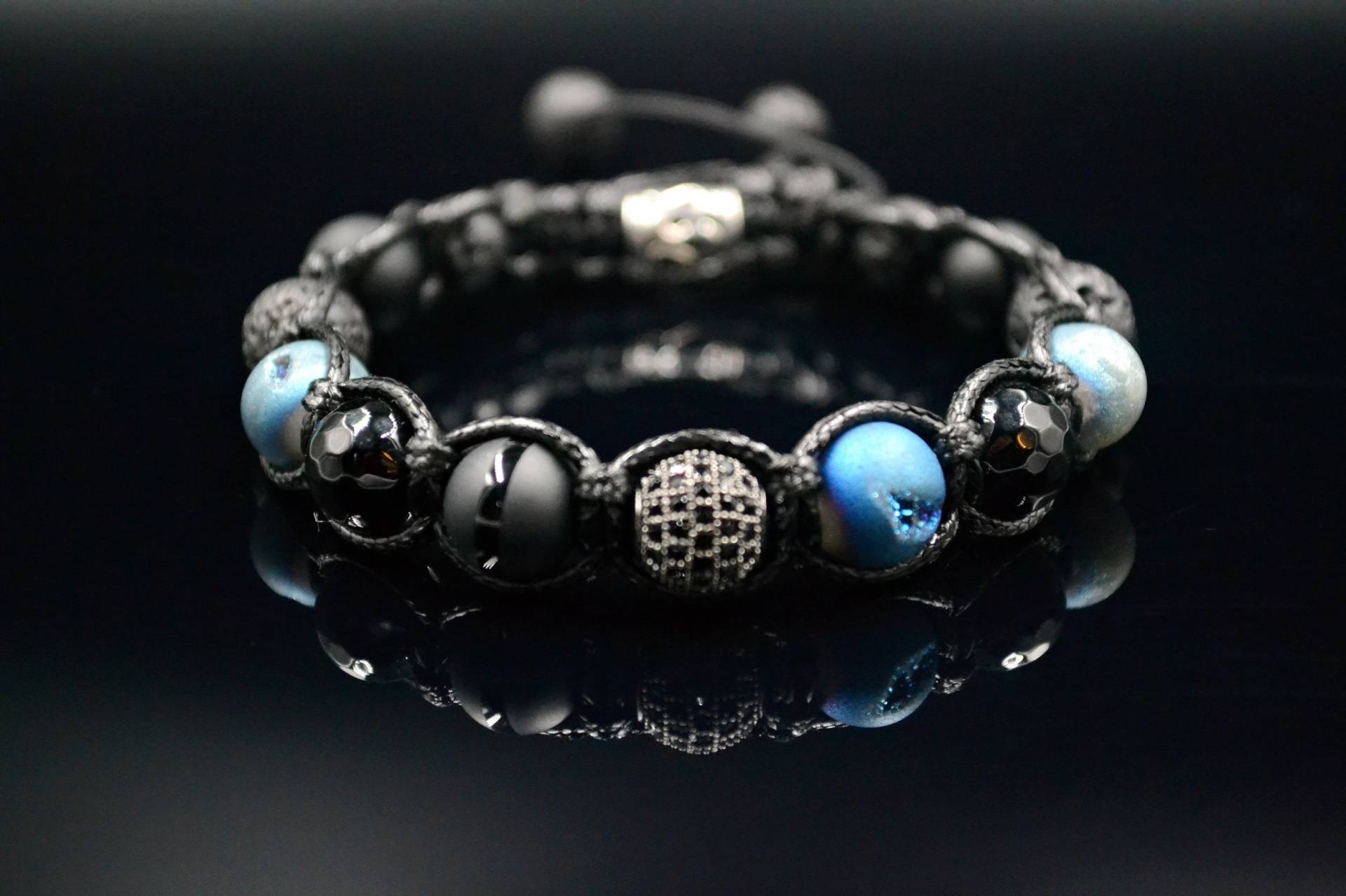 Herren Druzy Achat Armband Zirkonia Blau Makramee Geschenk Für Männer Schwarz Onyx Verstellbar von Valinde