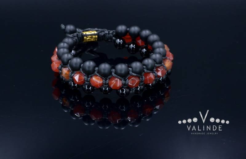Herren Feuer Achat Armband 3-Reihig Makramee Perlen Schwarz Onyx Stein Kristall Schmuck Edelstein von Valinde