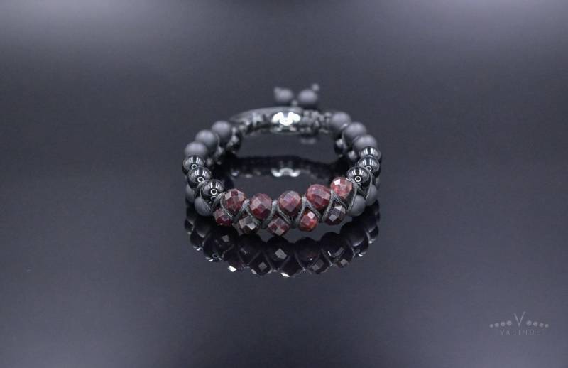 Herren Granat Armband Zweireihig Makramee Schwarzer Onyx Geschenk Für Mann Achat Doppelarmband von Valinde