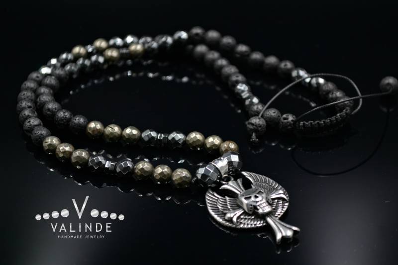 Herren Kreuz Anhänger Halskette Pyrit Hämatit Lange Perlen Lavastein Geschenk Für Männer Edelstein von Valinde