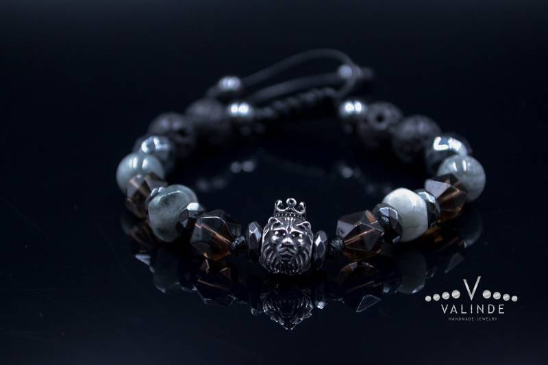 Herren Löwenarmband Falkenauge Und Hämatit Perlen Armband Stahl Löwenkopf Geschenk Für Kristall Verstellbares von Valinde