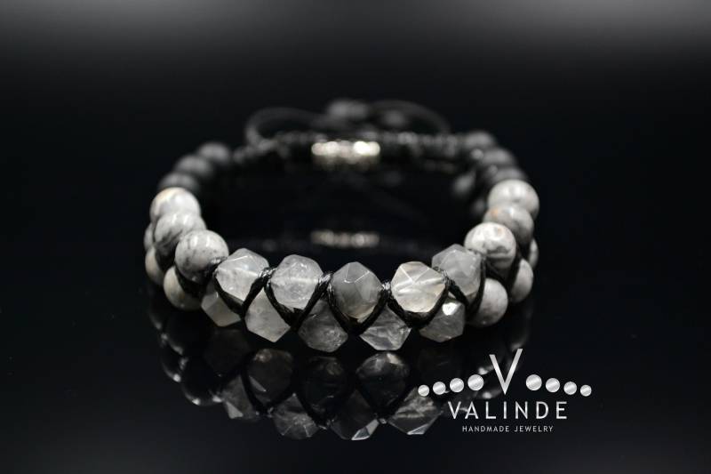 Herren Quarz Armband Makramee Grau Jaspis Zweireihig Onyx Stein Kristall Geschenk Für Männer von Valinde