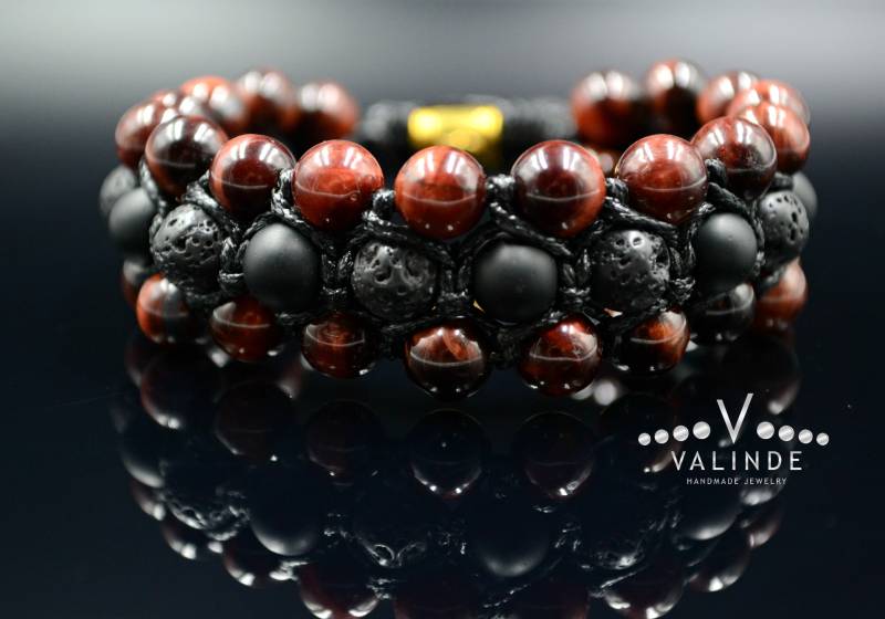 Herren Rotes Tigerauge Dreifach Armband Onyx Edelstein Lava Stein Perlenarmband 3 Reihiges Strang Makramee von Valinde