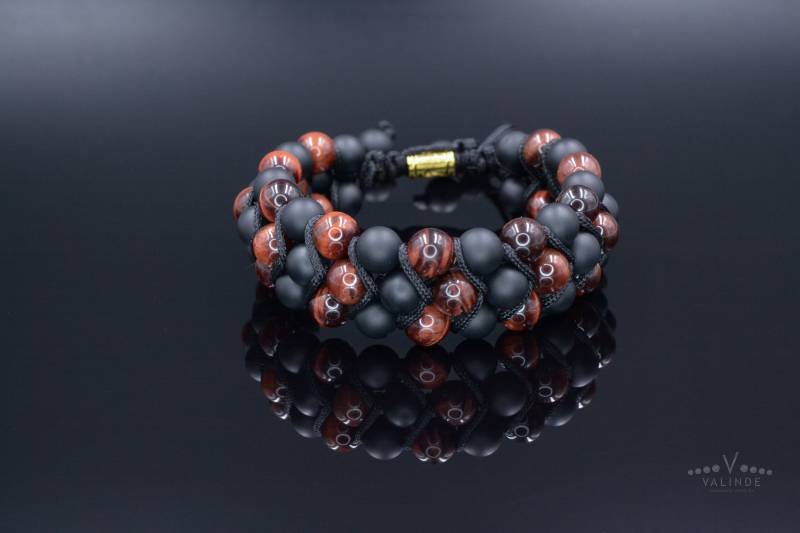 Herren Schwarzer Onyx Dreifach Armband Makramee Rotes Tigerauge 3 Reihen Perlen Geschenk Für Männer Verstellbares Steinarmband von Valinde