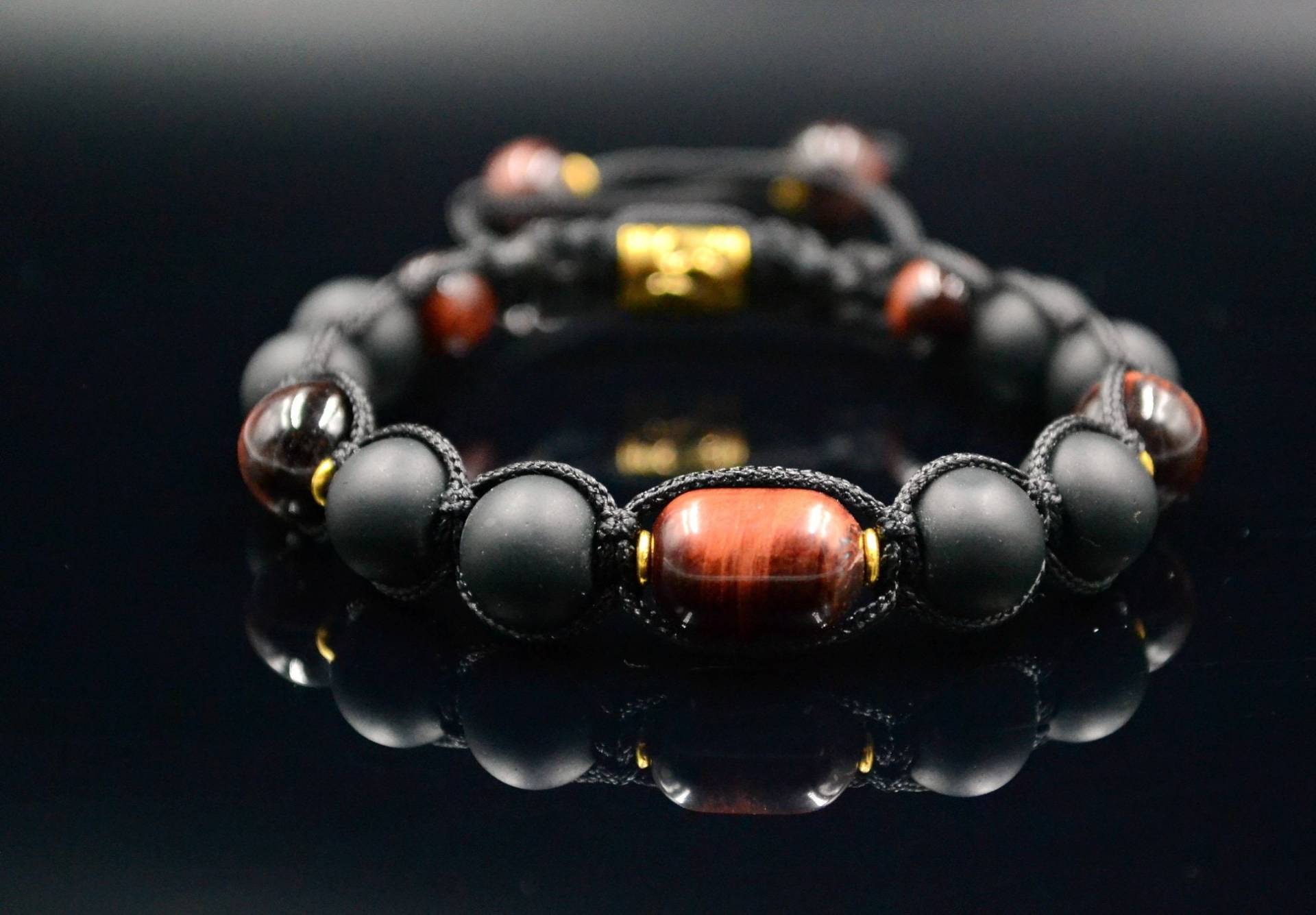 Herren Schwarzes Onyx Armband Edelstein Perlenarmband Rotes Tigerauge Makramee Geschenk Für Männer Verstellbares Stein Ihn von Valinde