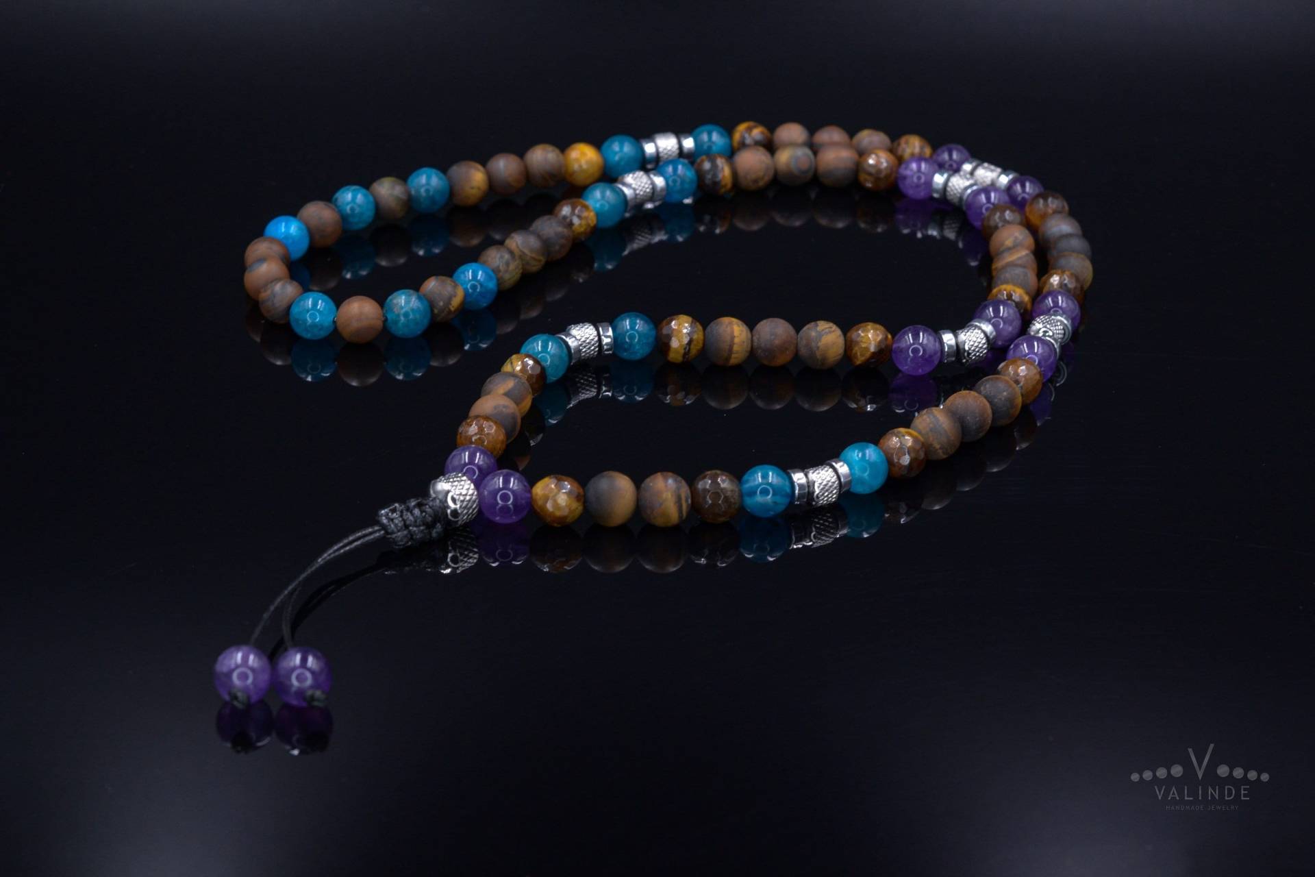 Herren Tigerauge Und Apatit Halskette - Lange Perlen Amethyst Kristall Geschenk Für Männer Stahlperlen von Valinde