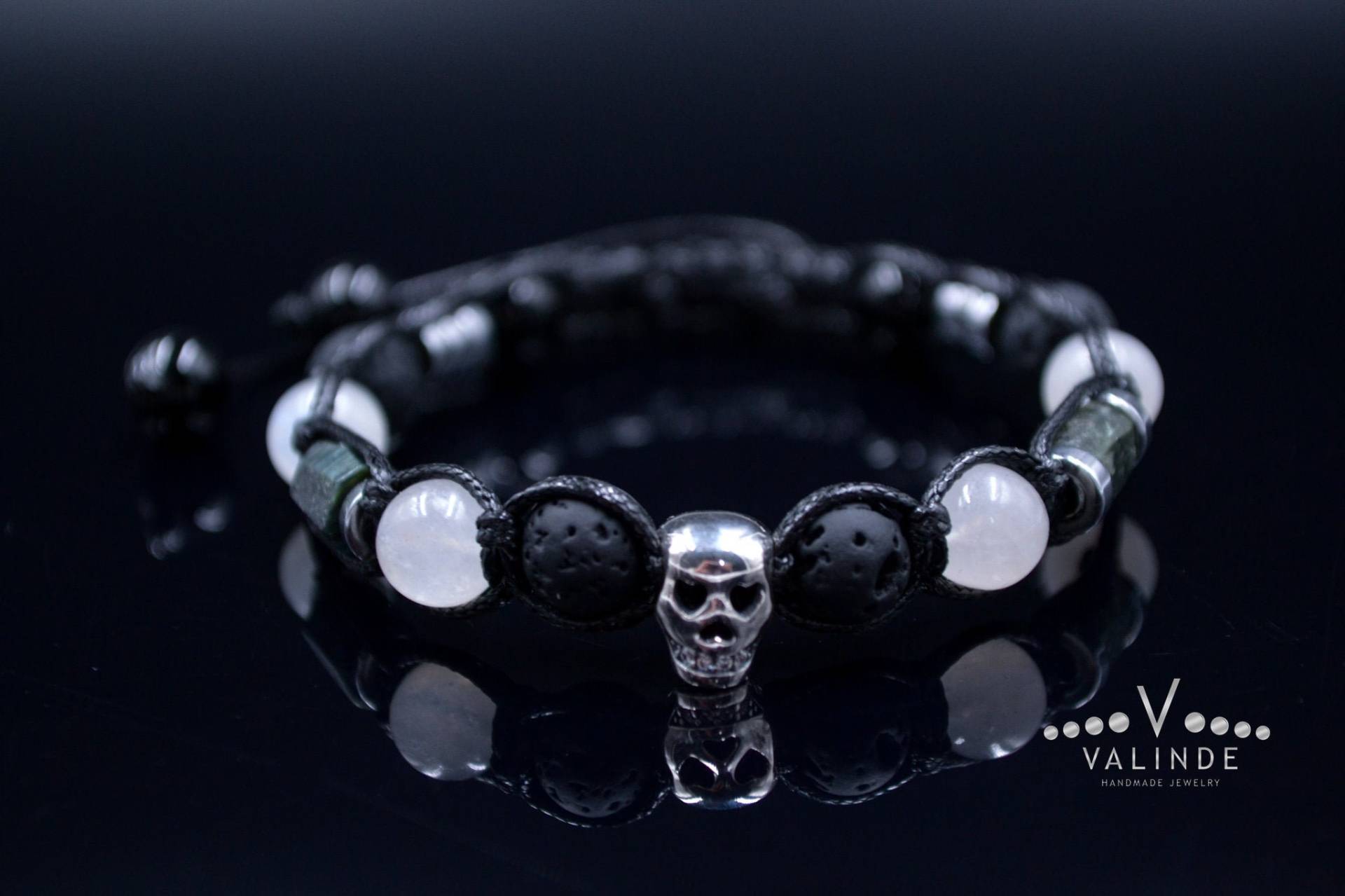 Herren Totenkopf Armband Mondstein Und Lava Stein Perlen Geschenk Für Männer 925 Sterling Silber Perlenarmband Seraphinit von Valinde