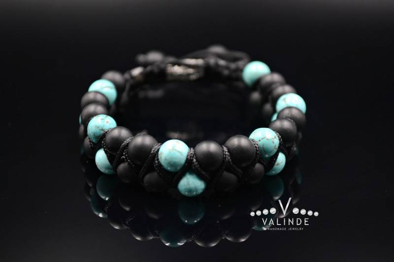 Herren Türkis Perlen Armband Zweireihig Schwarz Onyx Geschenk Für Männer Einstellbar Makramee Stein Zweireihig von Valinde
