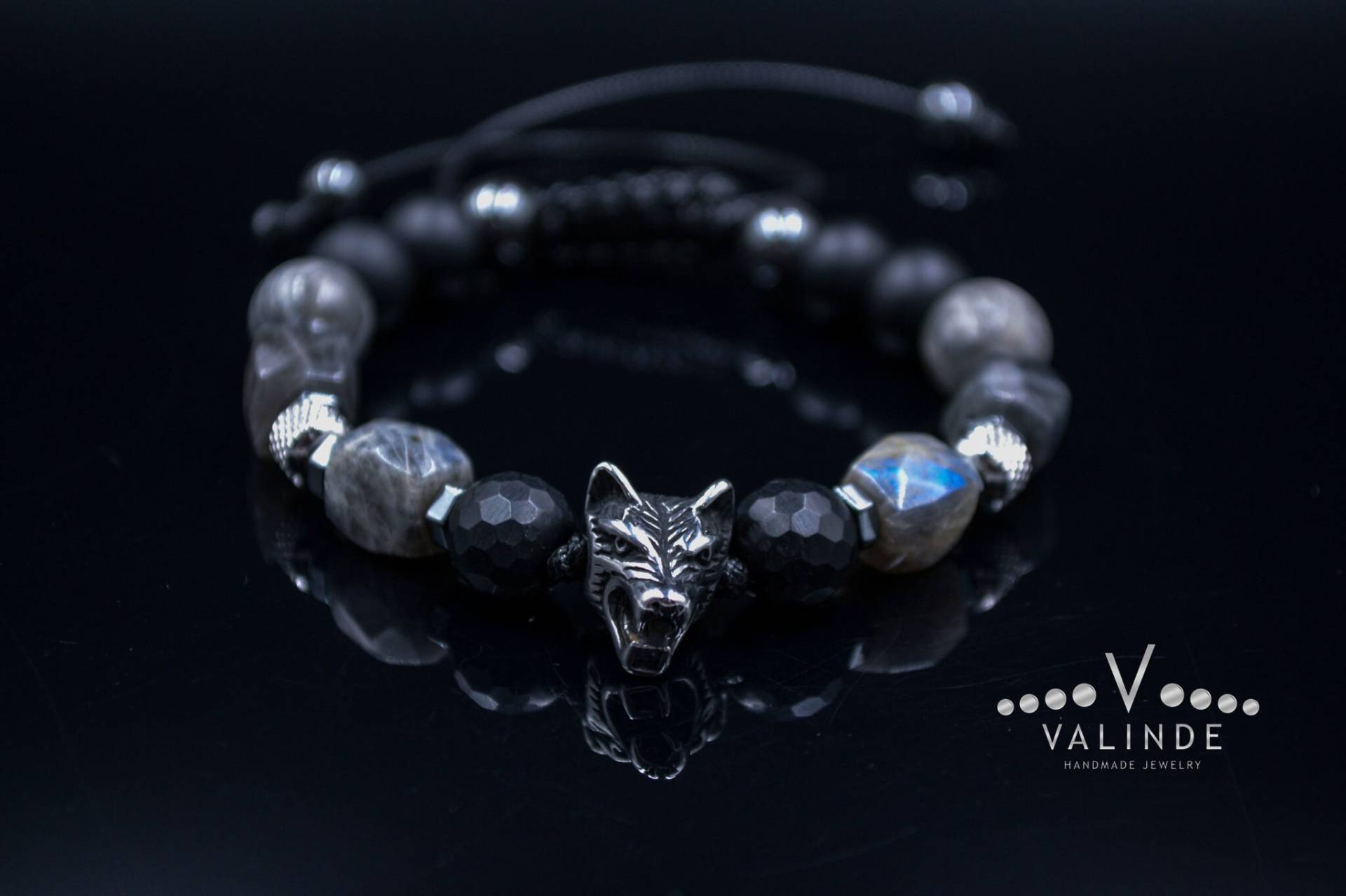 Herren Wolfskopf Perlen Armband Echte Labradorit Stahlperlen Geschenk Für Mann Schwarz Onyx Stahl von Valinde