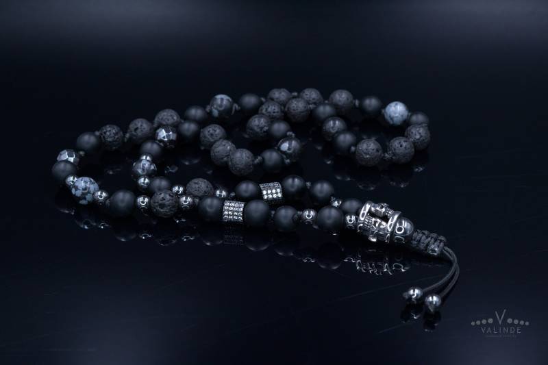 Männer Totenkopf Perlenkette/Schwarzer Onyx Halskette Lange Kristall Hämatit Geschenk Für Mann Stahlperlen von Valinde