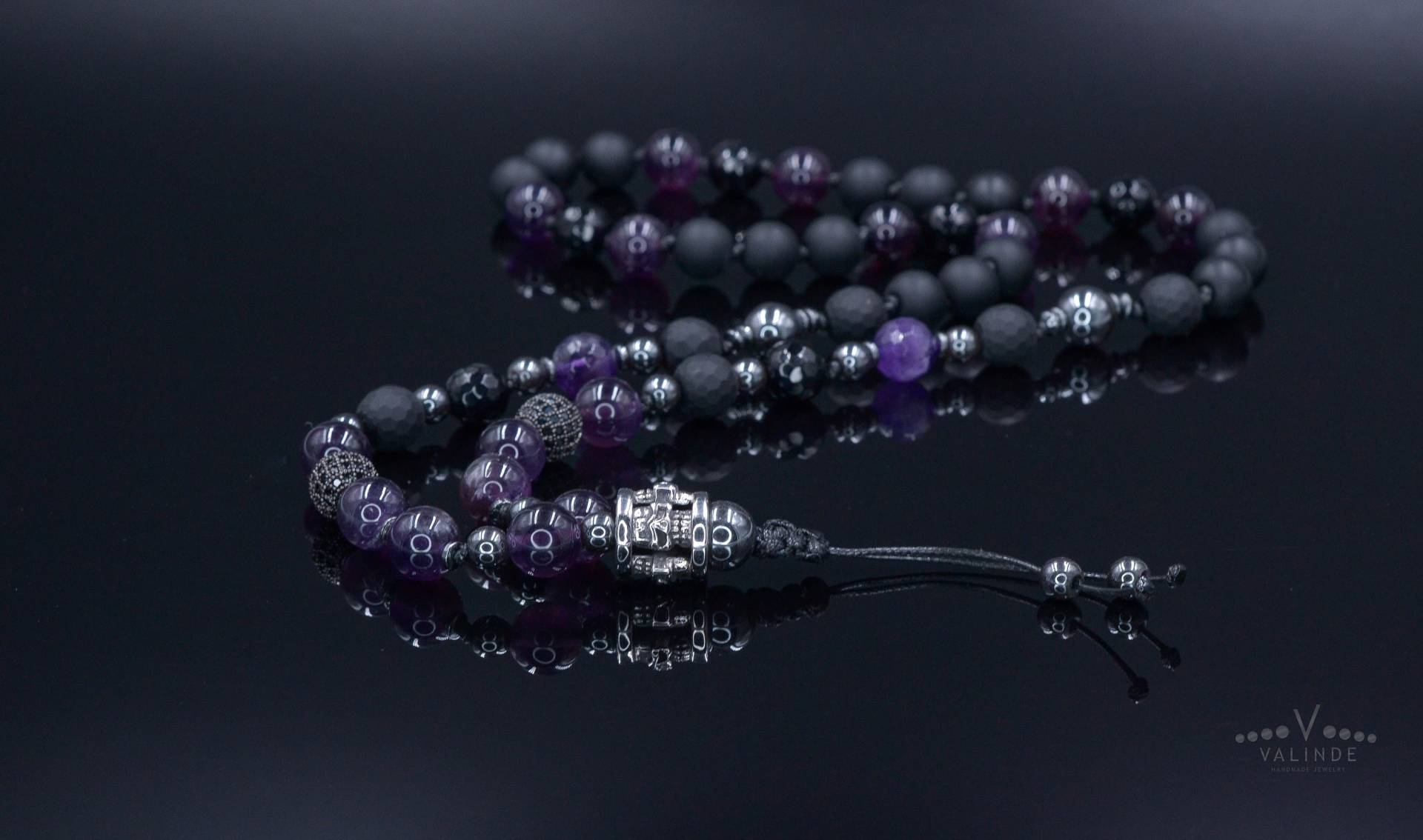 Männer Totenkopf Stahl Perlenkette - Amethyst Und Schwarzer Onyx Halskette Geschenk Für Lange Kristall Hämatit Stein von Valinde