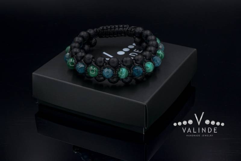Herren Armband Aus Malachit Und Apatit - 3 Reihen Makramee Schwarz Onyx Geschenk Für Männer Zum Vatertag von Valinde