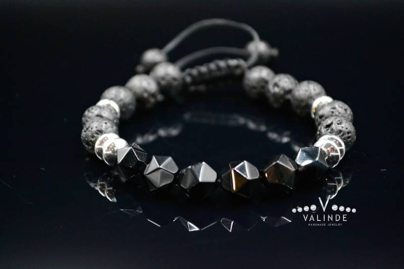 Men Es Raw Agate Bead Armband Black Lava Stone Geschenk Für Männer Hematite Adjustable Stein-Armband von Valinde