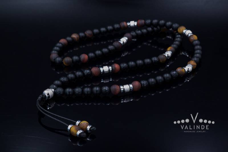 Schwarz Onyx Halskette Für Männer Tigerauge Perlen-Halskette Lange Geschenk Stahlperlen Herren-Tigerauge-Halskette von Valinde