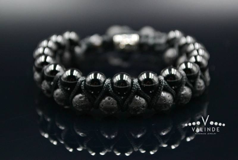 Schwarzes Achat Perlenarmband Herren Doppelarmband Lavastein Armband Geschenk Für Männer Makramee Stein Verstellbares Weihnachtsgeschenk von Valinde