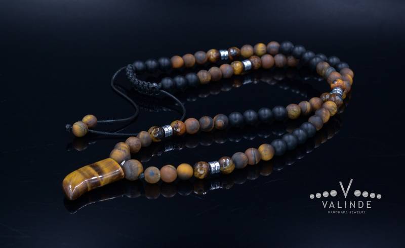 Tigerauge Anhänger Halskette Für Männer - Herren Schwarz Onyx Perlen Lange Geschenk Edelstein Mann von Valinde