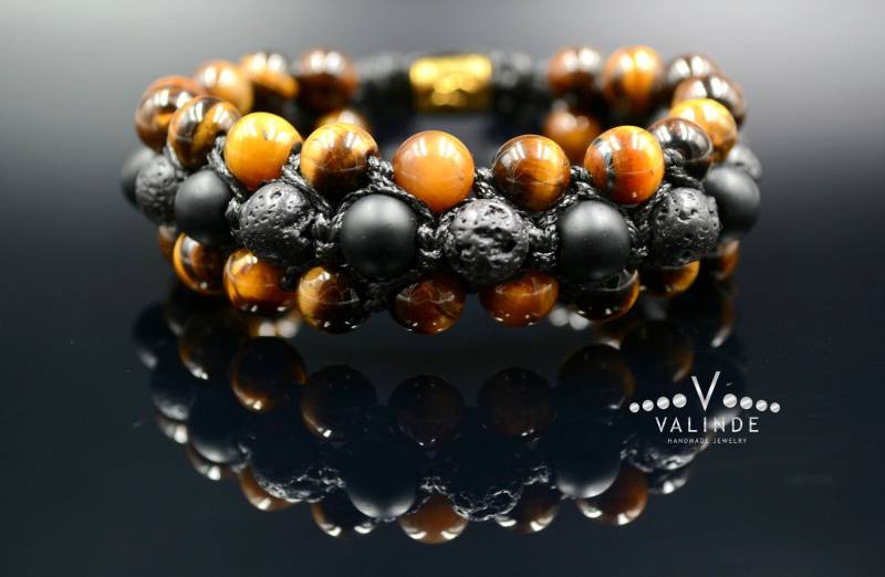 Tigerauge Armband Herren 3 Reihig Verstellbares Onyx Perlenarmband Lavastein Edelstein Makramee von Valinde