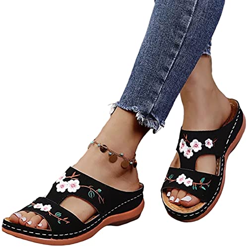 Damen Bestickte Blumen Sandalen, Walking Sandalen Leder Blume Bestickt Vintage Casual Weich Fußbett Orthopädische Fußgewölbeunterstützung Sandalen von Valink