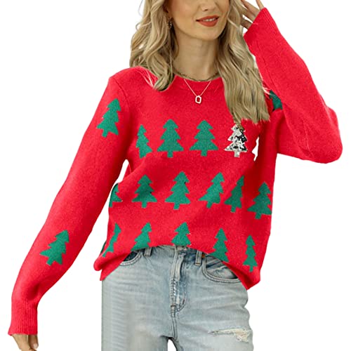 VALINK Weihnachtspullover für Damen, Weihnachtsbaum, Strickpullover, modisch, langärmelig, Rundhalsausschnitt, wärmendes Sweatshirt für Damen, Rot von Valink