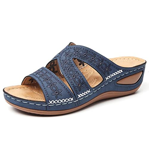 VALINK Damen Orthopädische Sandalen Bequeme Fußgewölbeunterstützung Wanderschuhe Sommer Dicke Plateau Sandalen Frauen Gestickte Sandalen Blau von Valink