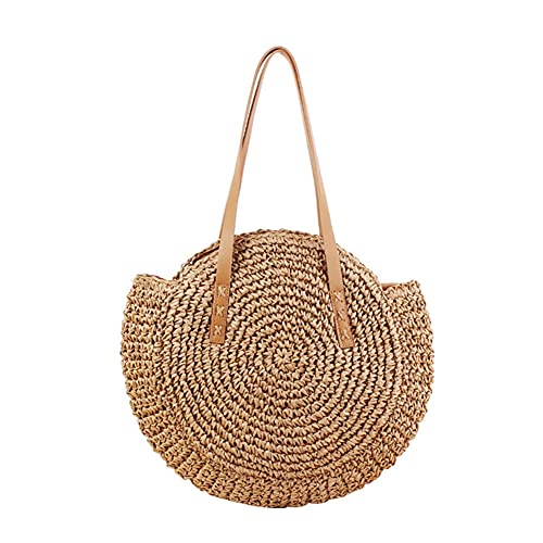 VALINK Gewebte runde Strohtasche für Damen, handgewebte Rattan-Stroh-Umhängetasche, Ledergriffe, gewebte Handtasche mit Reißverschluss, Sommer-Strandtasche VALINK Gewebte runde Strohtasche für Damen, handgewebte Rattan-Stroh-Umhängetasche, Ledergriffe, gewebte Handtasche mit Reißverschluss, Sommer-Strandtasche von Valink