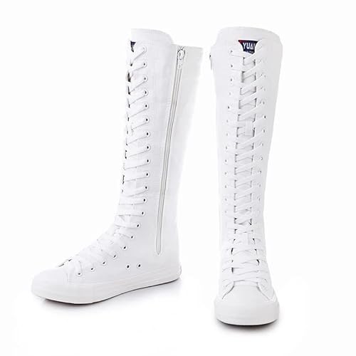 VALINK High Tube Stiefel für Damen, modische Canvas-Tanzstiefel, kniehohe Tanzschuhe, seitlicher Reißverschluss, Schnürung, Damenschuhe, Stiefel, Weiß, Standard von Valink