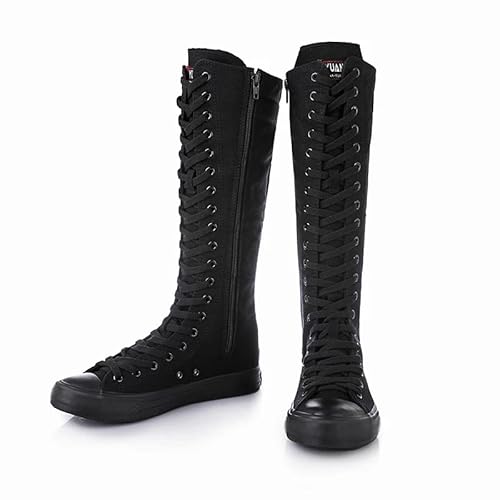 VALINK Hohe Röhrenstiefel für Damen, modische Canvas-Tanzstiefel, kniehohe Tanzschuhe, seitlicher Reißverschluss, Schnürung, Damenschuhe, Stiefel, schwarz, Standard von Valink