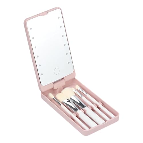 VALINK USB Wiederaufladbarer Reise-Make-up-Spiegel mit Lichtern und Make-up-Pinsel-Set, Reise-LED-Spiegel-Make-up-Pinsel-Set für Frauen, Rosa von Valink